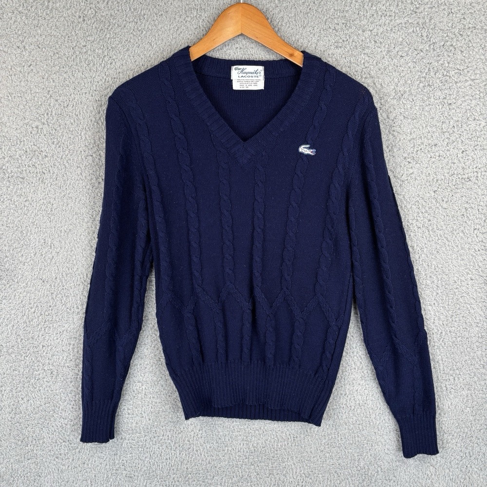 Vintage Haymaker Lacoste V Neck‎ Sweater Women's Navy Blue Sz 38 Cable Knit